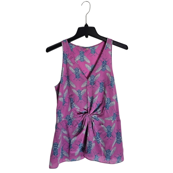 Leifnotes 100% Silk V Neck Pink Tank Top with Blue Bee Print Small Preowned - Picture 5 of 9